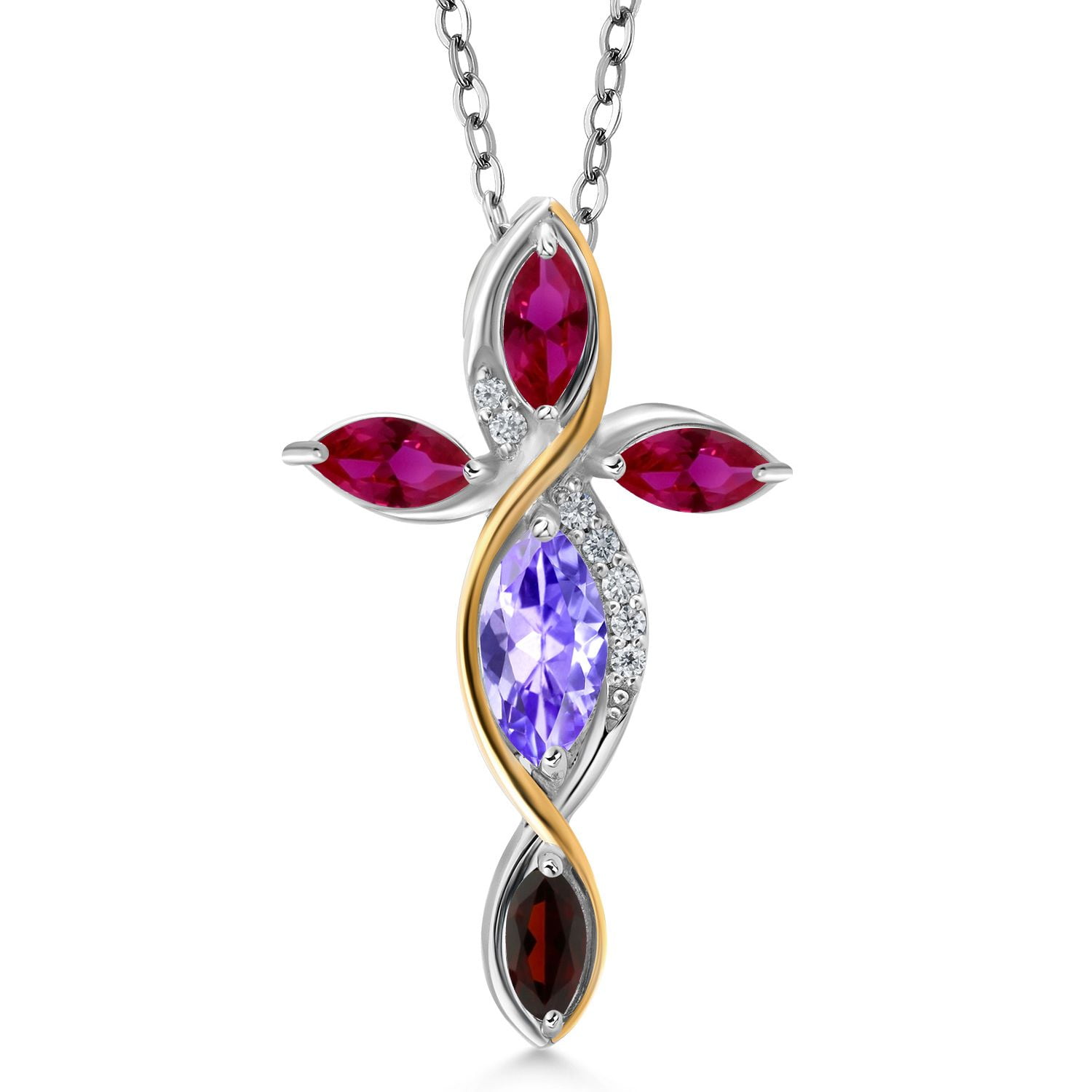 Cross Necklace for Women in 925 Silver and 10K Yellow Gold with Blue Tanzanite and Red Created Ruby and Garnet | 1.59 Cttw | Jesus Christian Religious Crucifix | Marquise 8X4MM | With 18 inch Chain