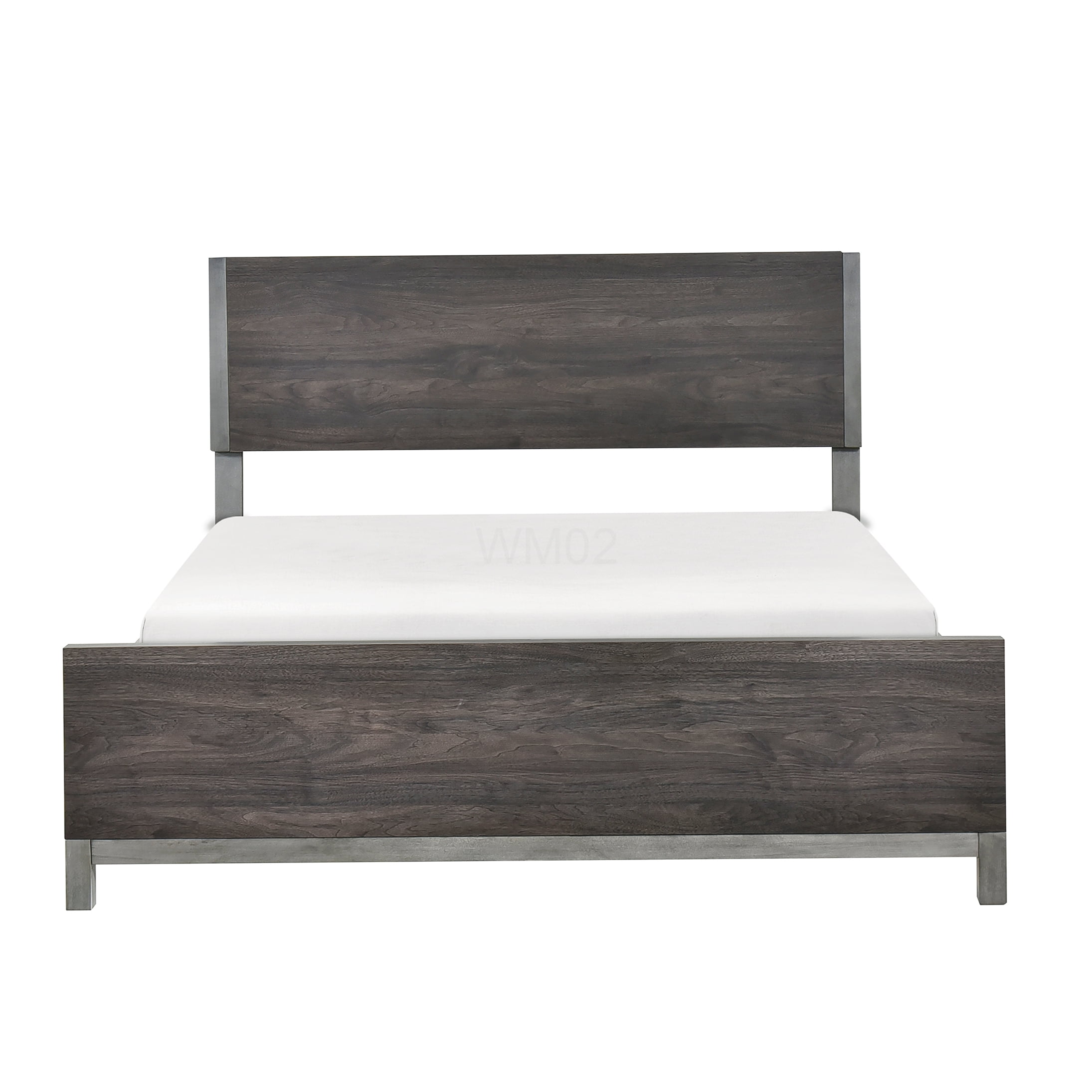 Modern Low Profile Queen Platform Bed Frame with Upholstered Headboard, Silver Metal Accents, Scratch Resistant Surface, No Box Spring Needed