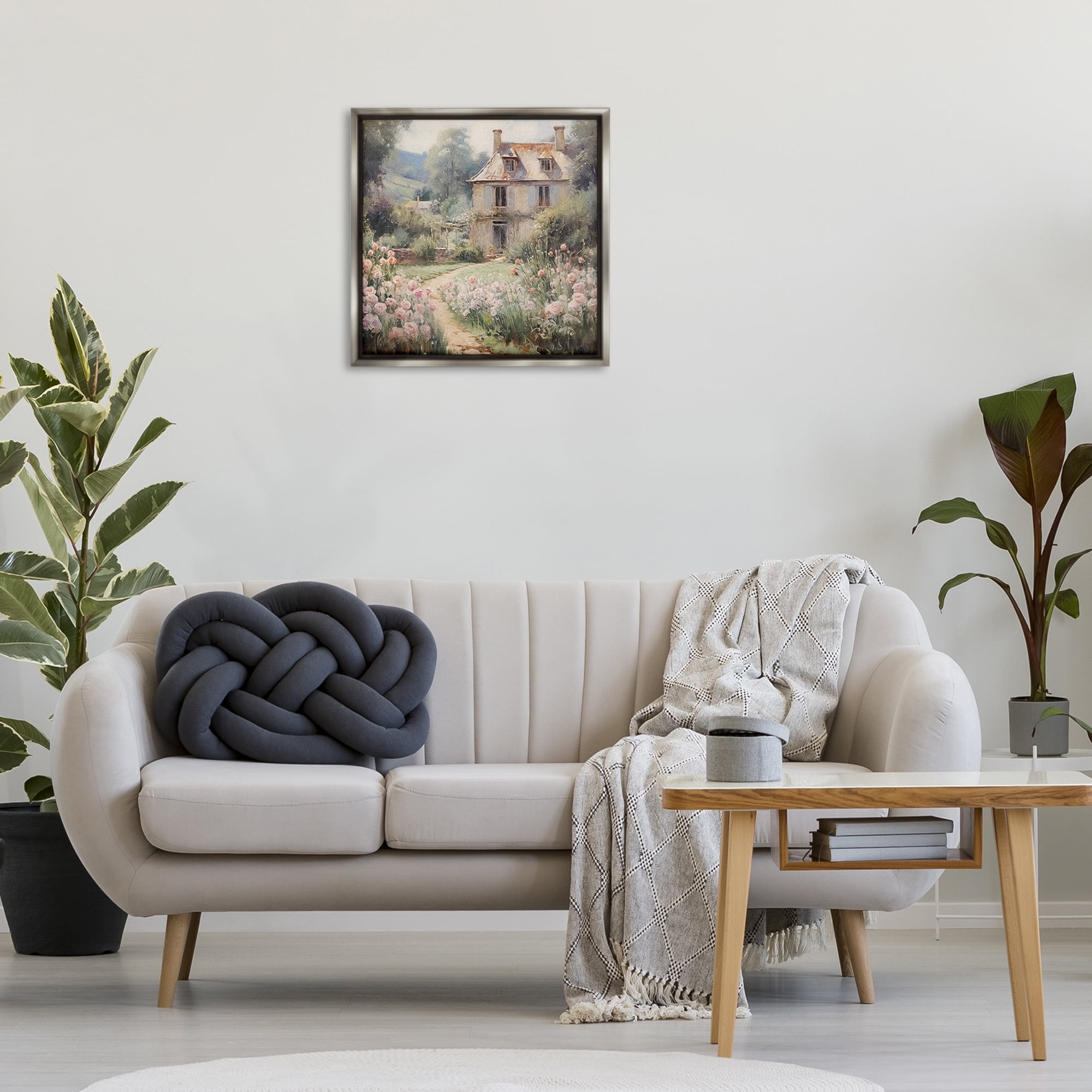 Stupell Industries French Garden Cottage Landscape Painting Gray Floater Framed Canvas Art Print Wall Art, 25 x 25