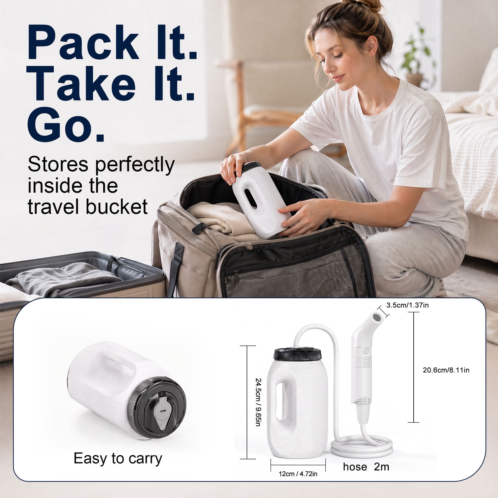 WOWER Portable Electric Bidet with 2.5L Bucket, Rechargeable Handheld Bidet Sprayer with 2 Pressure Modes for Travel, Camping and Personal Hygiene