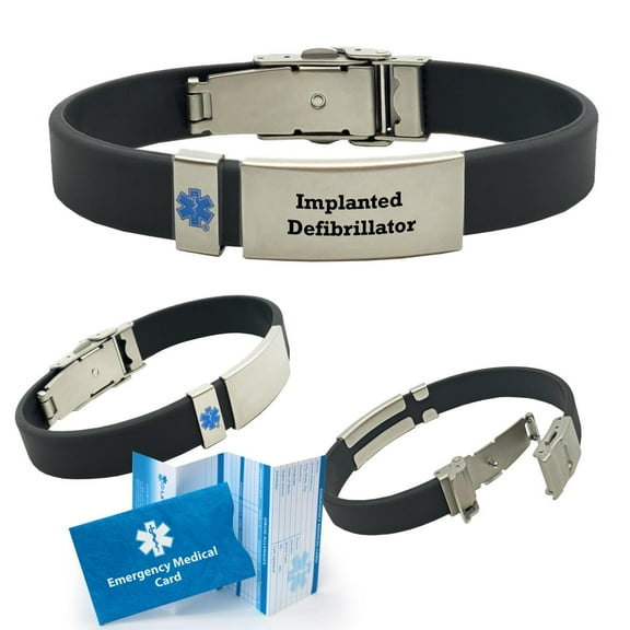 Pre-engraved "IMPLANTED DEFIBRILLATOR" Black Ultra Slim Medical Alert Bracelet for Men and Women. Incl. Emergency Medical Card, No Obligation 12 mo. Personal Health Record Membership!