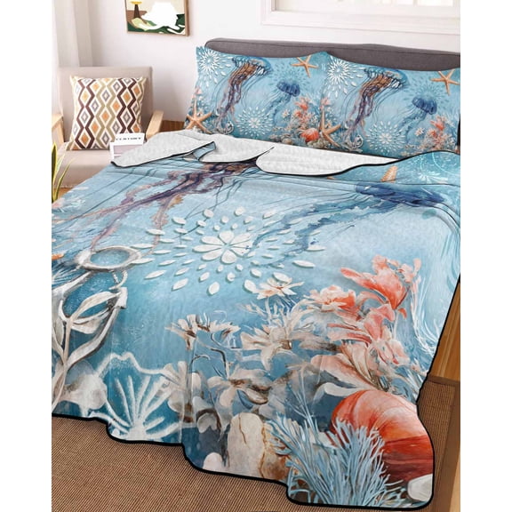 Blue Coastal Jellyfish Full Size Down Alternative Comforter, Lightweight Comforter Quilt Bedding Set with Pillow Shams Summer Beach Starfish Botanical All Seasons Bed Comforter Duvet Insert 78"x90"