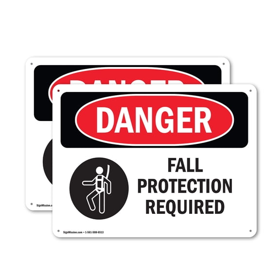 (2 Pack) Fall Protection Required OSHA Danger Sign 14 Inch X 10 Inch Plastic Sign, Weather Resistant, UV Protected for Workplace, Business, and Construction Site, Made in the USA
