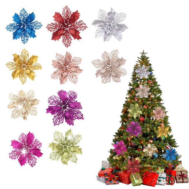 Adornos navideños, corona de flores artificiales de plástico con doble capa de purpurina roja y flor de Pascua, ideal para decorar el árbol de Navidad y festivales.