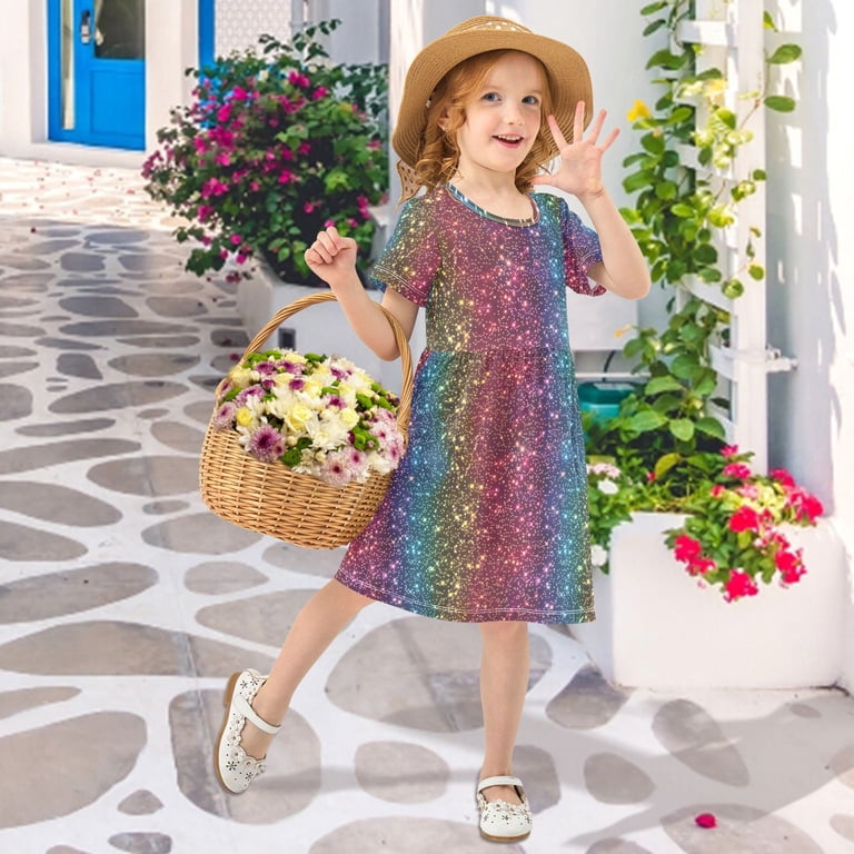 Joogoo Rainbow Glitter Girls' Short Sleeve Dress Kids Dresses 3T, Girl's