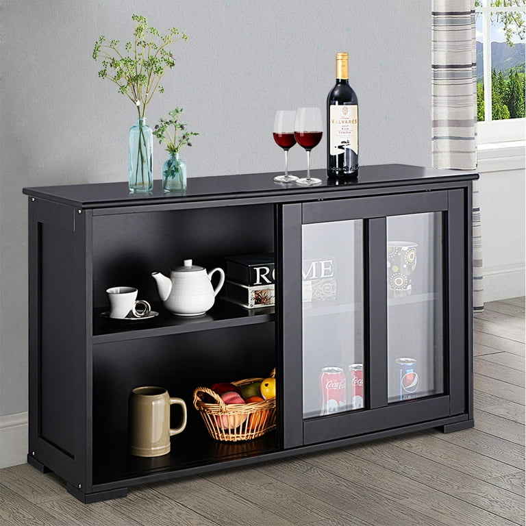 Costway Storage Cabinet Sideboard Buffet Cupboard Glass Sliding Door Pantry Kitchen Black