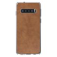 thumbnail image 1 of DistinctInk Clear Shockproof Hybrid Case for Samsung Galaxy S10 (6.1" Screen) - TPU Bumper, Acrylic Back, Tempered Glass Screen Protector - Dark Brown Faux Leather Print Design - Printed Leather Image, 1 of 2