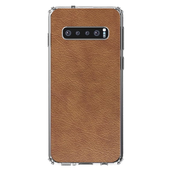 DistinctInk Clear Shockproof Hybrid Case for Samsung Galaxy S10 (6.1" Screen) - TPU Bumper, Acrylic Back, Tempered Glass Screen Protector - Dark Brown Faux Leather Print Design - Printed Leather Image