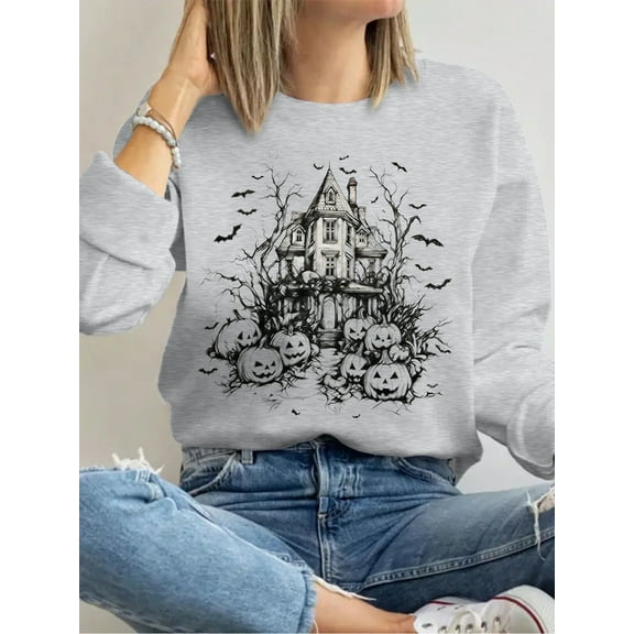 "Halloween Pumpkin Haunted House Print Halloween Shirt Long Sleeve Shirts For Women "