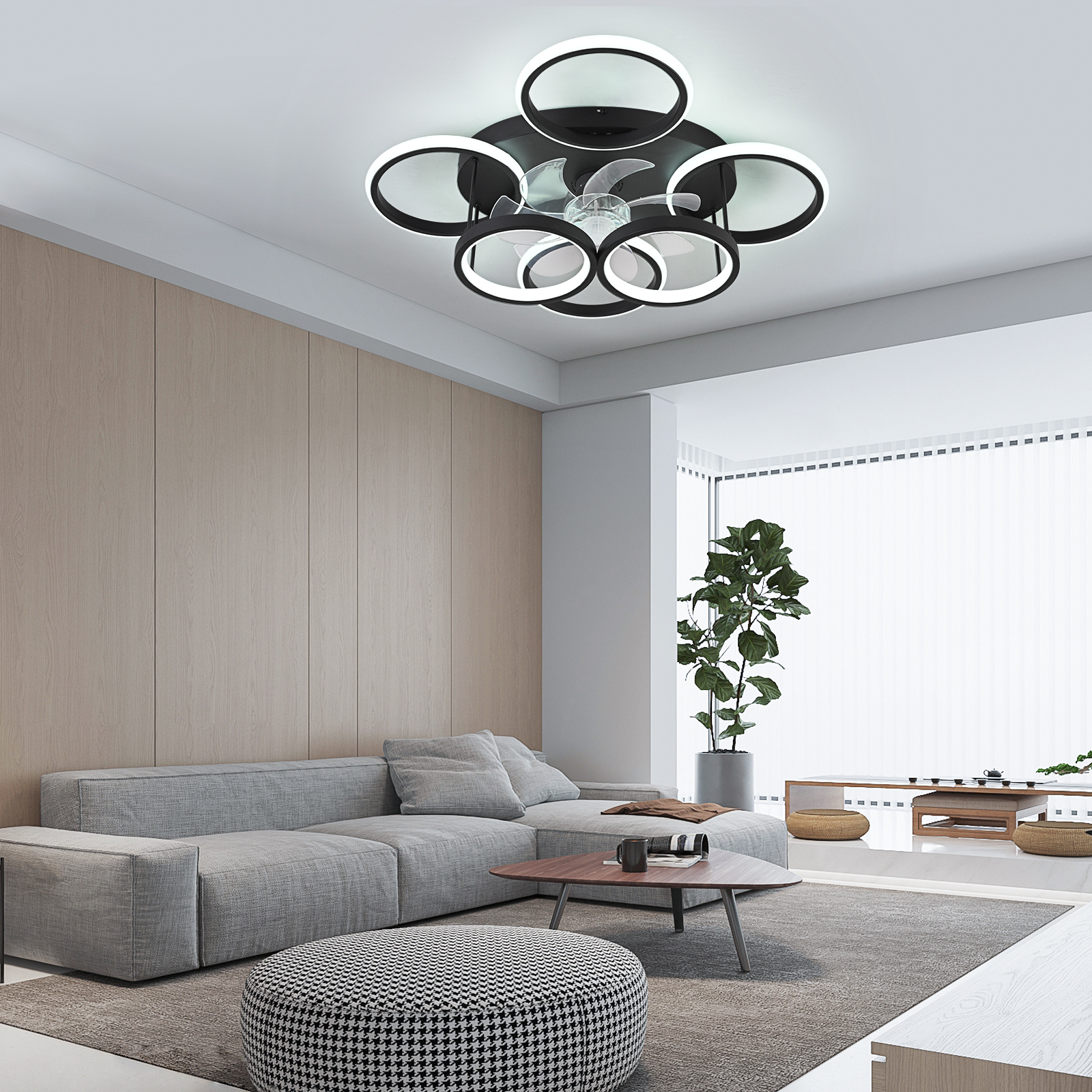 Garwarm Ceiling Fans with Lights, Modern Ceiling Fan with Lights Remote Control, Low Profile Ceiling Fan, 6 Speed Dimmable LED Ceiling Lamp for Bedroom, Kitchen, Black