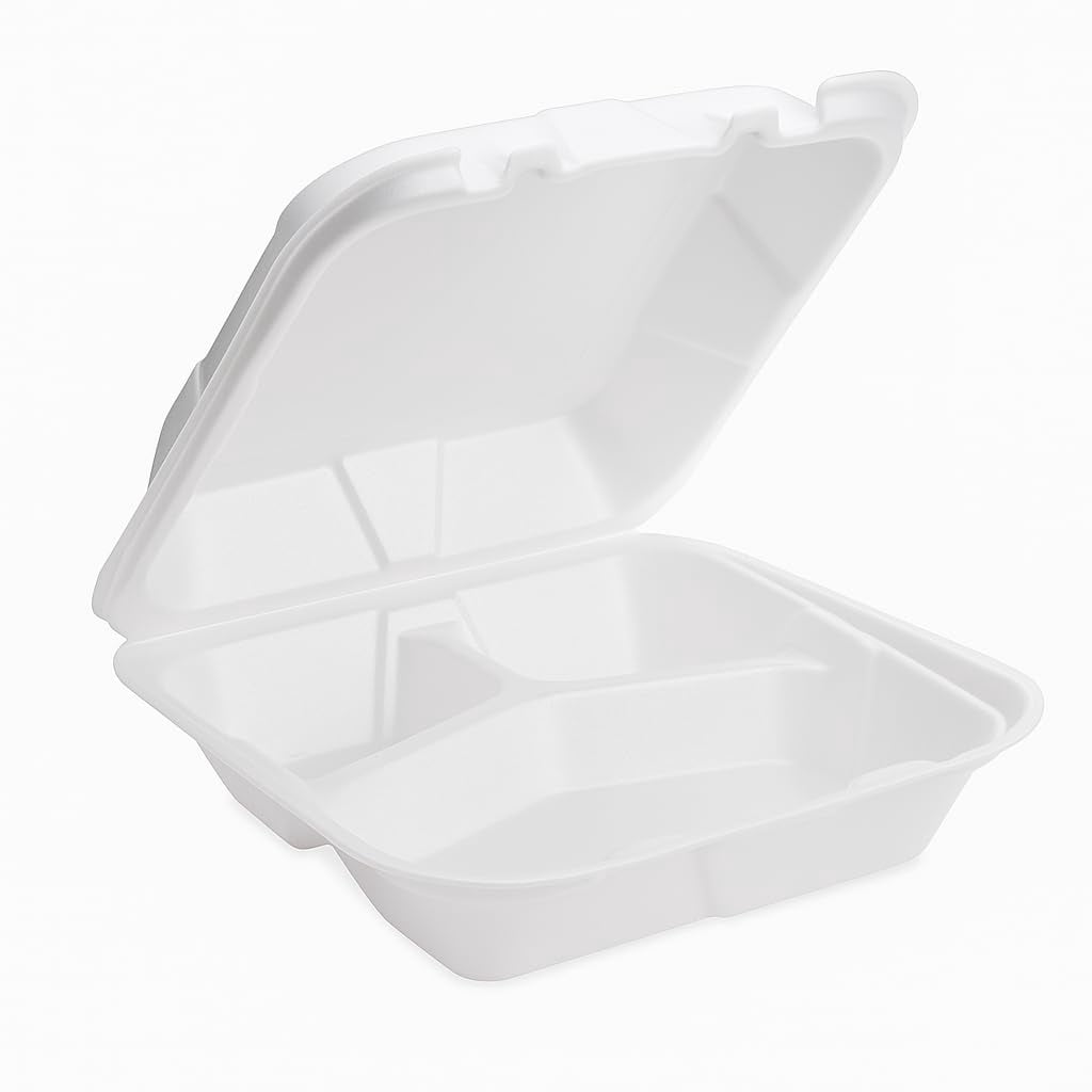 Hefty Supreme Foam 3-Compartment Hinged Lid Containers, Soak-Proof