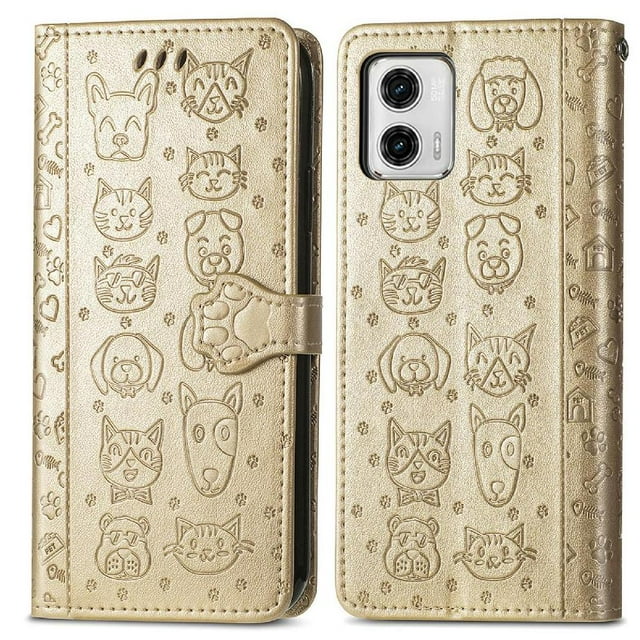Funda Cartera FOXDOCK para MOTO G73 , Flip PU con Relieve de Gatos y Perros, Tarjetero y Soporte