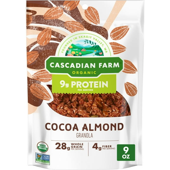Cascadian Farm Organic Granola, Cocoa Almond, Protein Granola, 9 oz Resealable Pouch
