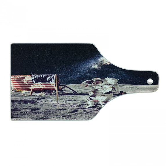 Outer Space Cutting Board, American Spaceman on the Moon Future Solar Discovery in Deep Technology View, Tempered Glass Cutting and Serving Board, Wine Bottle Shape, Blue Grey, by Ambesonne