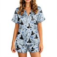 thumbnail image 2 of Halloween Pajama 2 Piece Set for Women Ghost Spiderweb Short Sleeve Lapel Collar Spooky Shirts and Castle Candy Wide Leg Funny Shorts, XL, 2 of 6