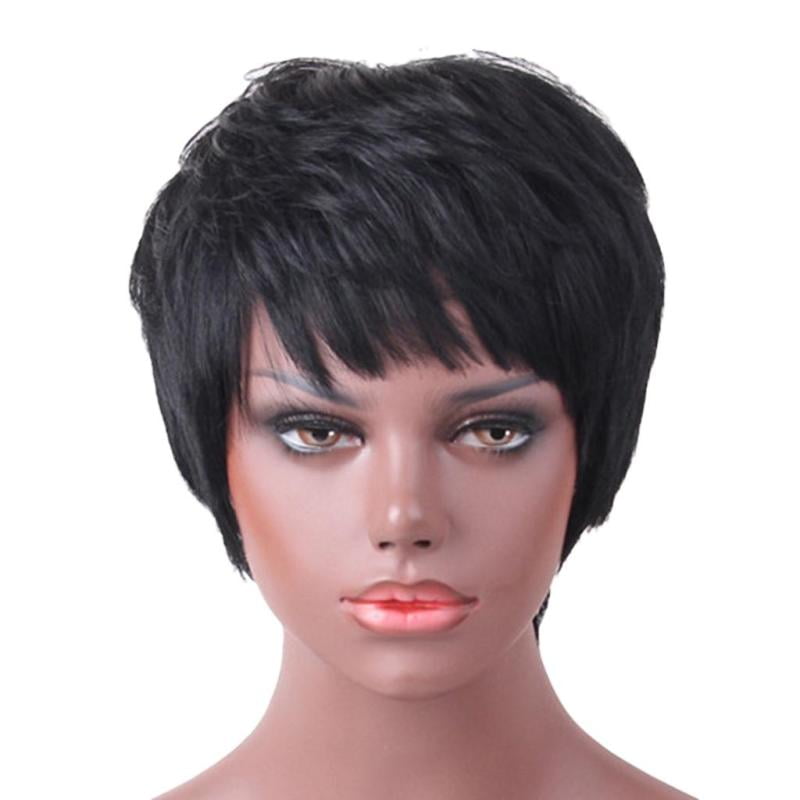 6 inch Women Natural Short Straight Wig Human Hair Pixie Cut Wigs With Side  Bangs 