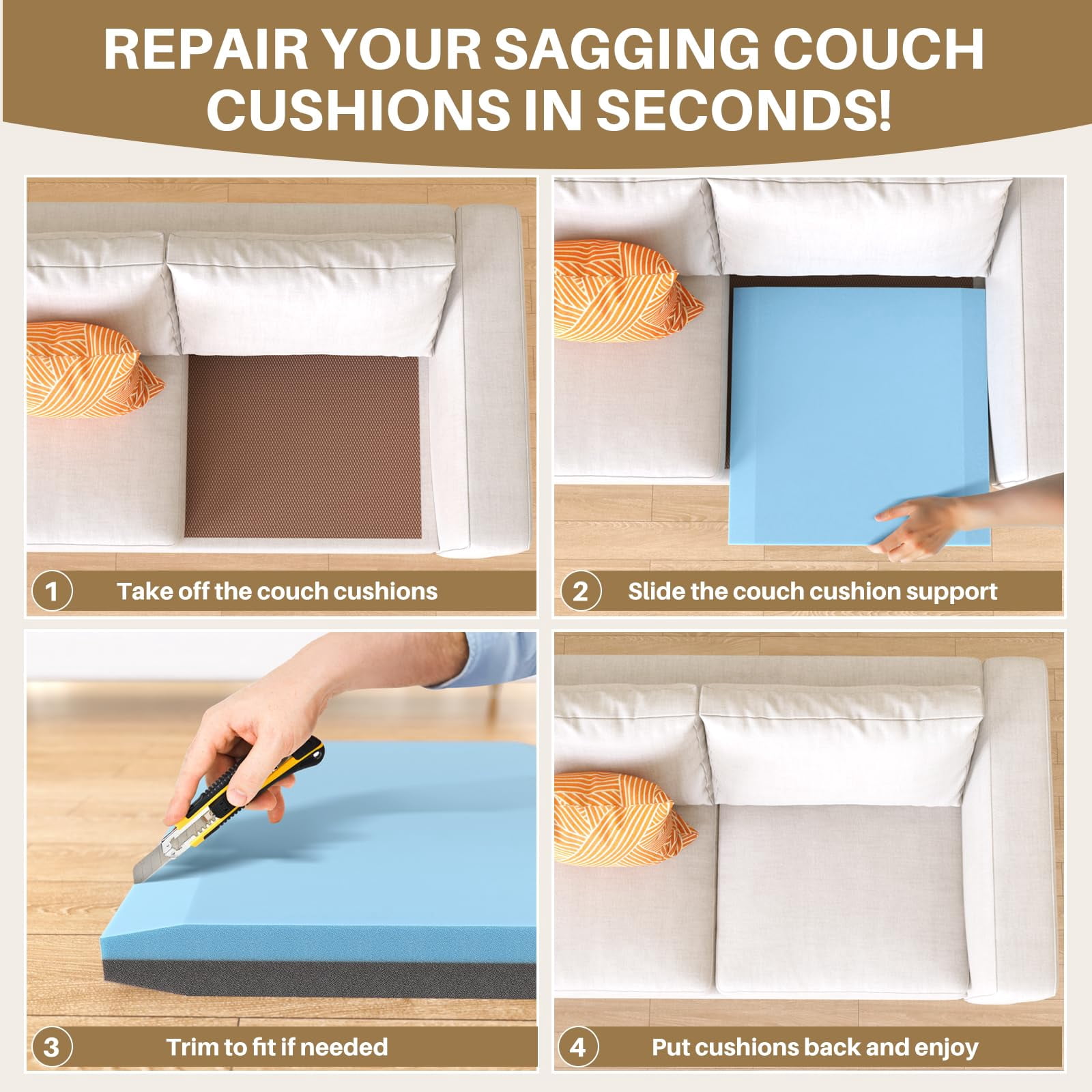 Sellmazon Couch Cushion Support for Sagging Cushions 20''x20'', Two in One Sofa Cushion Support to Repair Sagging Seats, Lift Saggy Seats, Extend Couch's Life, Blue & Grey 1PC