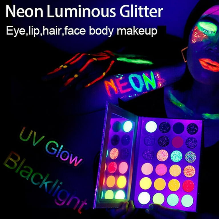 UIIOPJIOM 24 Colors Neon Eyeshadow Palette Glow in the Dark Highly  Pigmented Eyeshadow Matte and Glitter UV Glow Halloween Makeup Kit with 2  Brushes for New Year Party Make up