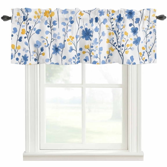 Spring Floral Valances for Windows Watercolor Light Blue Yellow Wildflower Leaves Rod Pocket Curtain Valance Window Treatment Short Curtains for Kitchen Living Room, 58"x16"