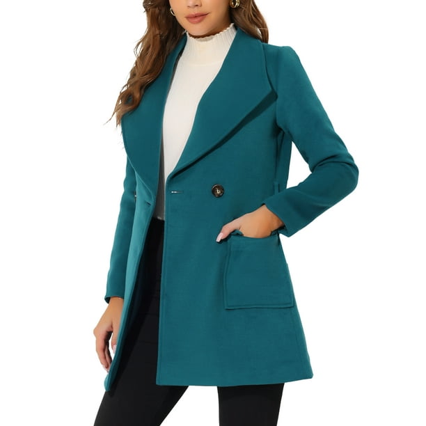 Abrigo largo de mujer elegante con solapa y cinturón en turquesa