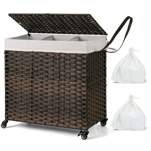 FGYRYK Laundry Hamper w/Wheels & Lid, 125L 3-Section Clothes Hamper w/2 Liner Bags