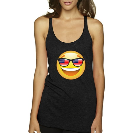 Trendy USA 474 - Women's Tank-Top Emoji Smiley Face USA American Flag Sunglasses 4th July Small Black