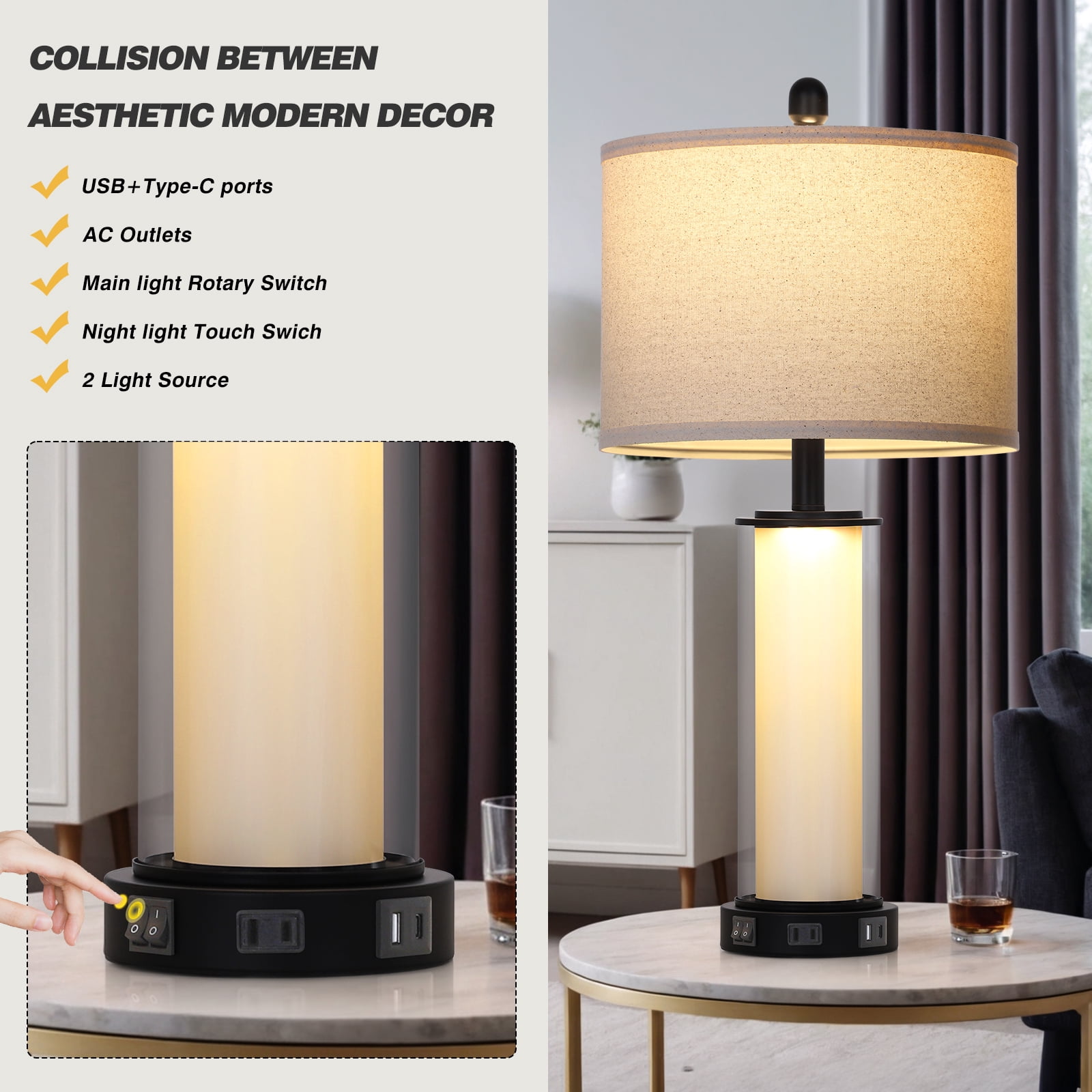 Lolikit Table Lamp Set of 2 Modern Nightstand Bedside Lamps for Bedroom Living Room with USB A+C Ports & AC Outlet,Bulbs Included