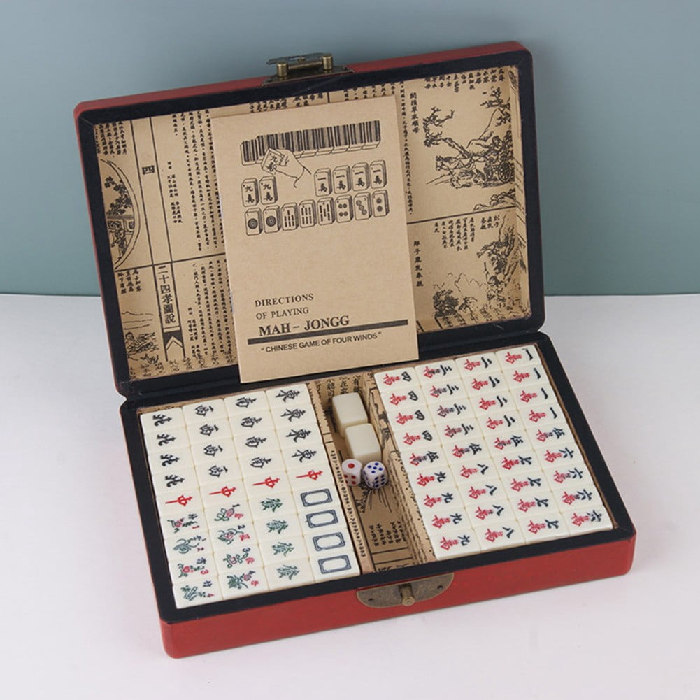 Portable Chinese Mahjong Set with 2 Pcs Dice Wooden Carrying Case for Travel Game