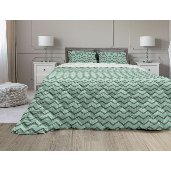 Grey Chevron Comforter & Sham Bedding Set, Retro Zigzags Pattern with Long Corners at Variable Angles Minimalist Art, 3 pcs Duvet Set Microfiber Filling Quilt, 5 Sizes, Mint Green Grey, by Ambesonne