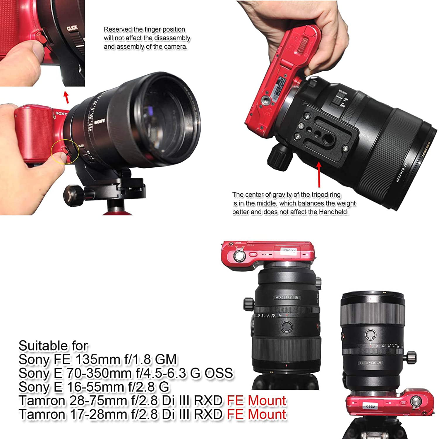 FE Mount Tamron 28-75mm f/2.8 Di III RXD & 17-28mm f/2.8 Di III RXD Lens Collar Tripod Mount Ring Support Bracket Holder for Sony FE 135mm f/1.8 GM E 70-350mm f/4.5-6.3 G OSS E 16-55mm f/2.8 G