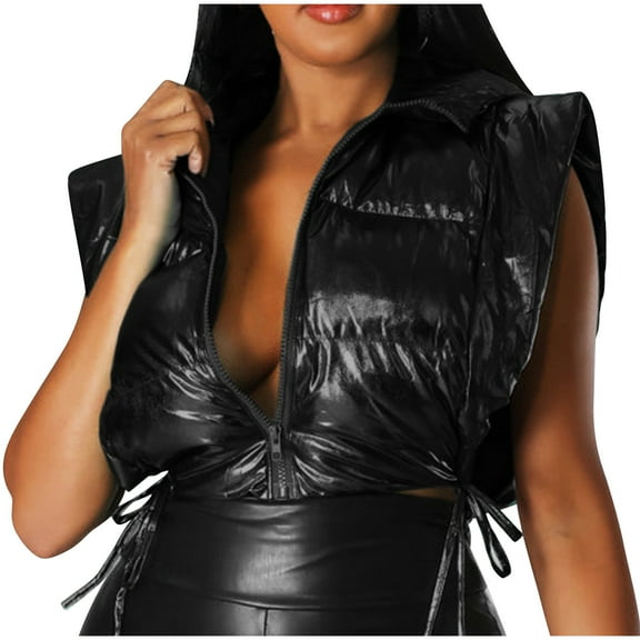 HTNBO Women's Winter Crop Vest Metallic Quilted Down Vest Sleeveless Puffer Jacket