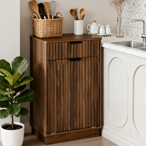 Ripple-Textured Kitchen Storage Cabinet with Double Tilt-Out Bins, Walnut Finish Narrow Organizer for Small Spaces (Trash Can Not Included)