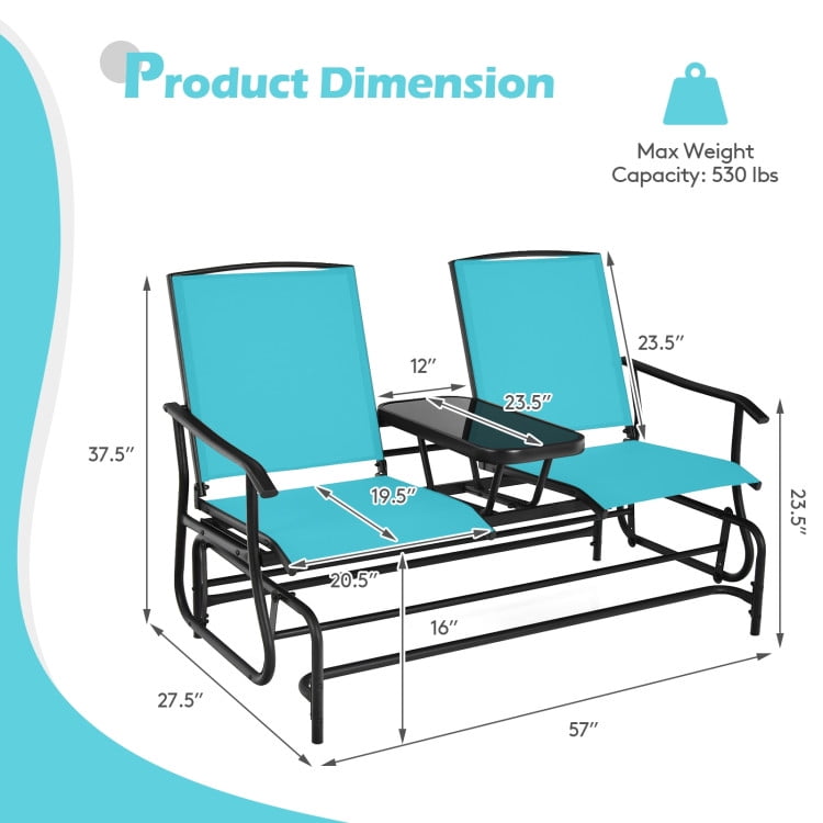 Aimee Lii Outdoor Patio Furniture Set, 2-Person Double Rocking Loveseat with Mesh Fabric and Center Tempered Glass Table, Turquoise