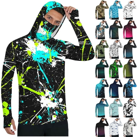 BiZtdJrK Men s Lightweight Fishing Shirt Hooded UPF 50+ UV Protection with Built-in Face Mask Light Blue S