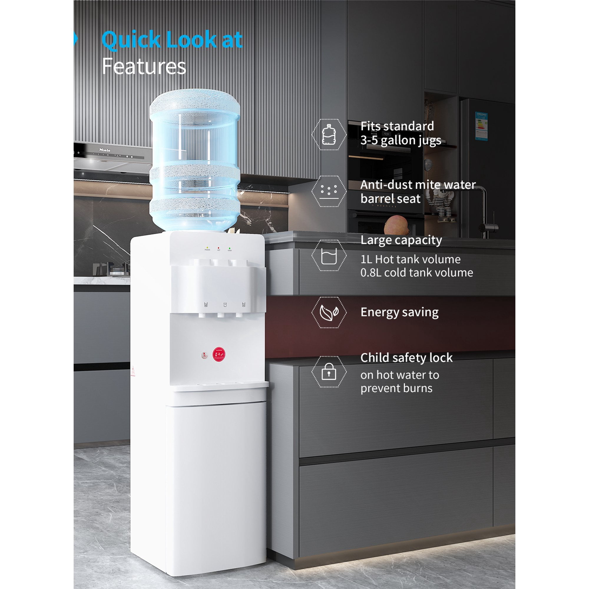 DISHUP Top Load Water Dispenser,Water Machine with Hot/Cold/Room Temperature, 3 or 5 Gallon,White