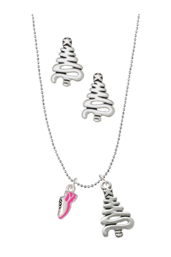 Silvertone Mini Hot Pink Running Shoe Silver tone Zig Zag Christmas Tree Charm Necklace and Stud Earrings