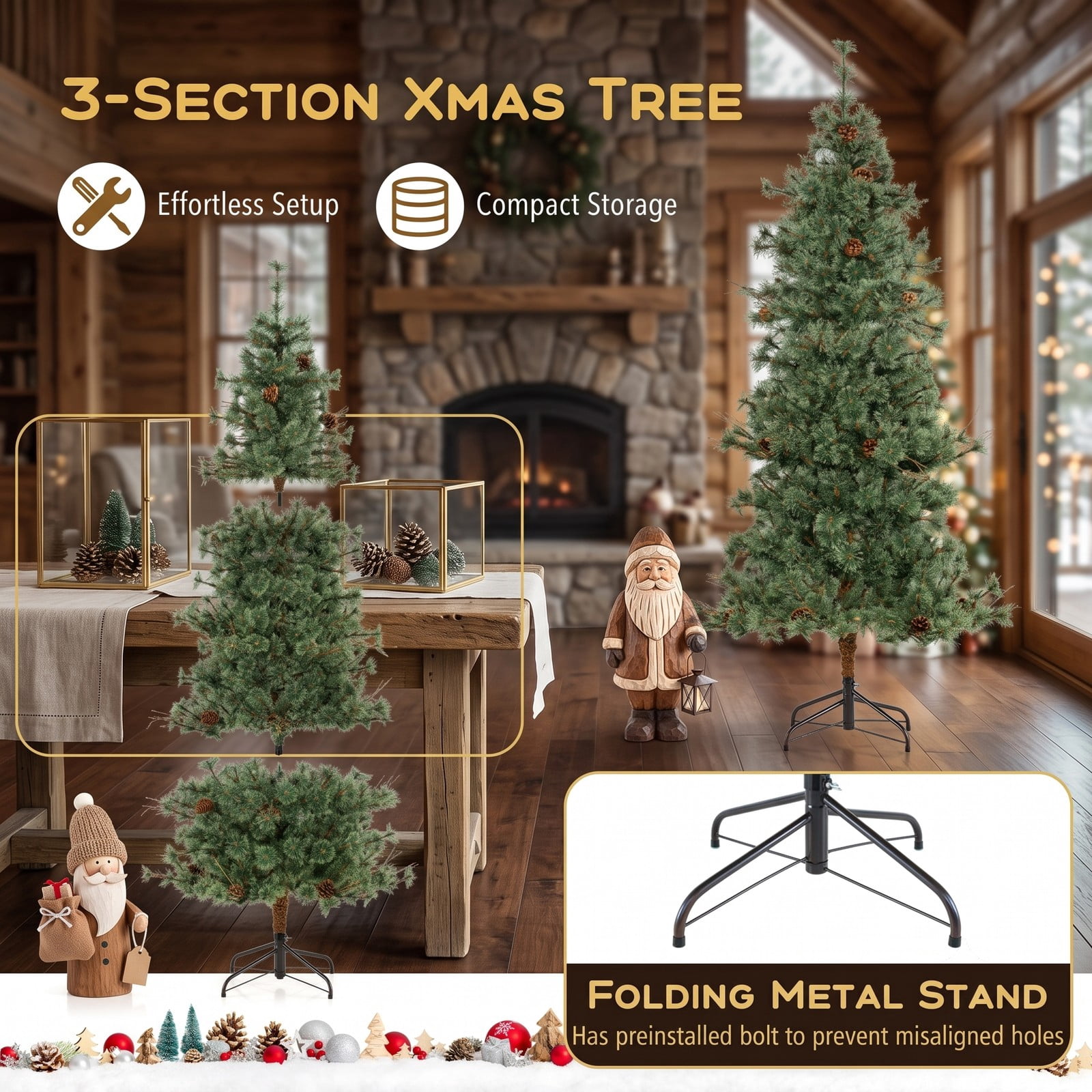 RUIE 6 Feet Pre-Lit Artificial Christmas Tree, Hinged Xmas Pine Tree with 200 Warm White LED Lights and 22 Pine Cones for Holiday Indoor Decor, Green