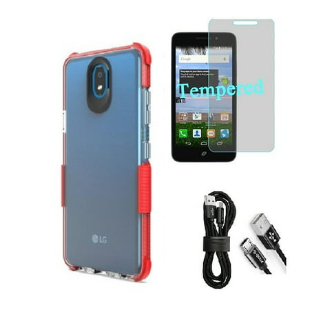 Compatible Case for Straight Talk LG Journey Smartphone / LG Journey /LG Arena 2 / LG K30 (2019) LM-X320 / LG Escape Plus, Clear TPU Case with Shock Edge + Cable (Clear- Red + Tempered (2019 Best Smartphones Ringtone)
