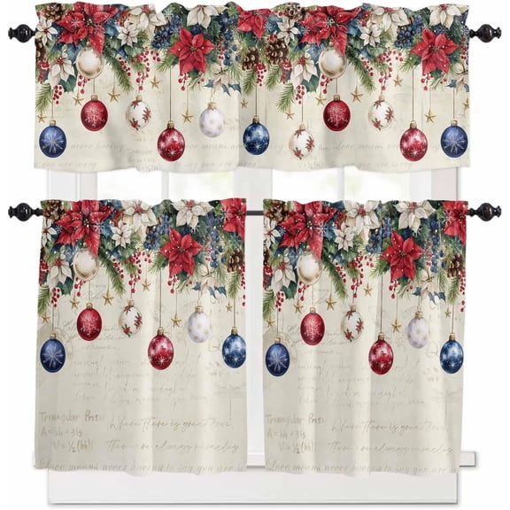 Christmas Kitchen Curtains and Valances Set, Rod Pocket Curtains Tier Farmhouse Window Curtains 24 Inch Length, Xmas Ball Poinsettia Berry Pine Needle Retro 3 Piece Kitchen Curtains Set