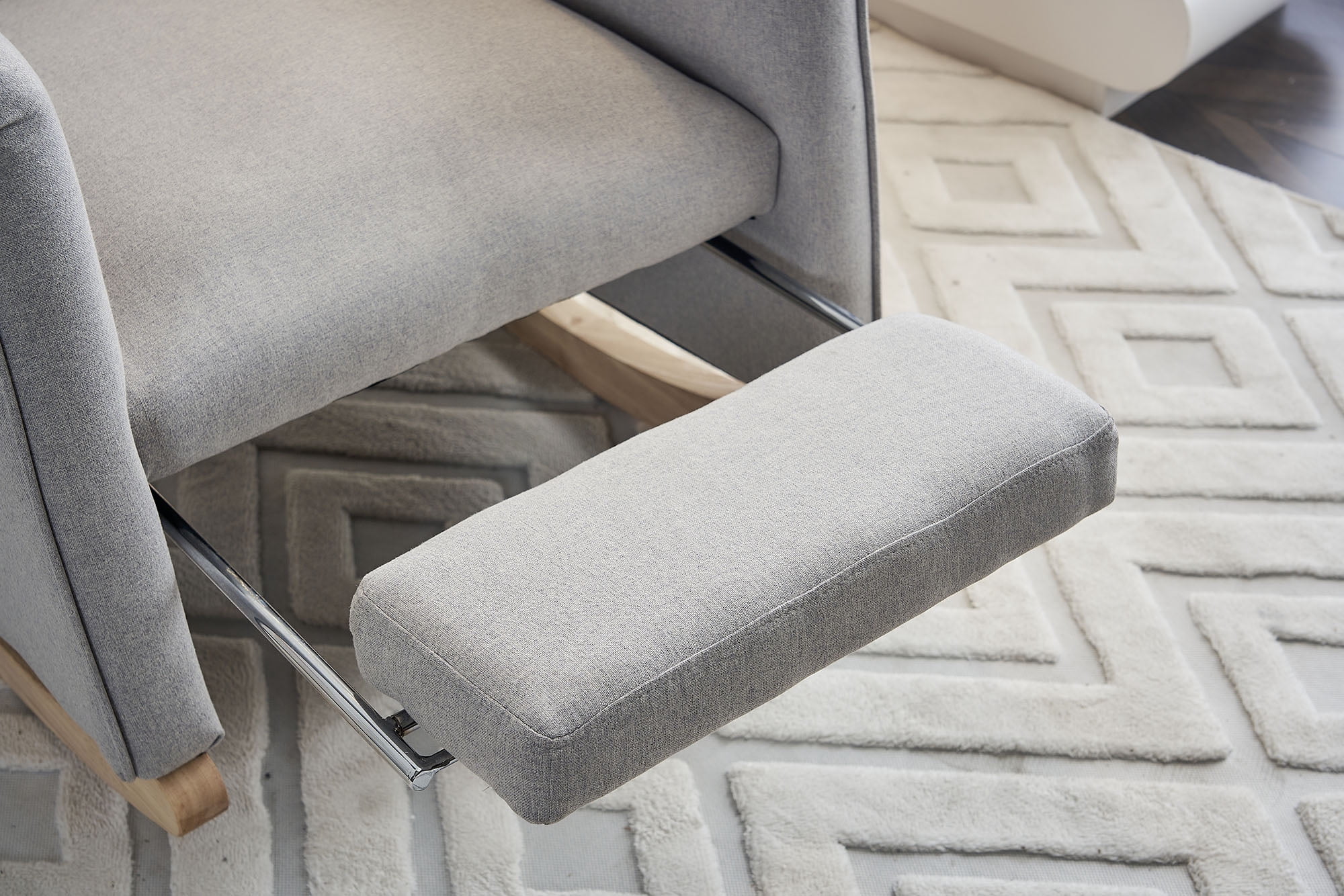 Cotton Linen Rocking Chair Adjustable Footrest, Wooden Legs 300 LBS Capacity Easy Assembly Living Room or Bedroom Furniture