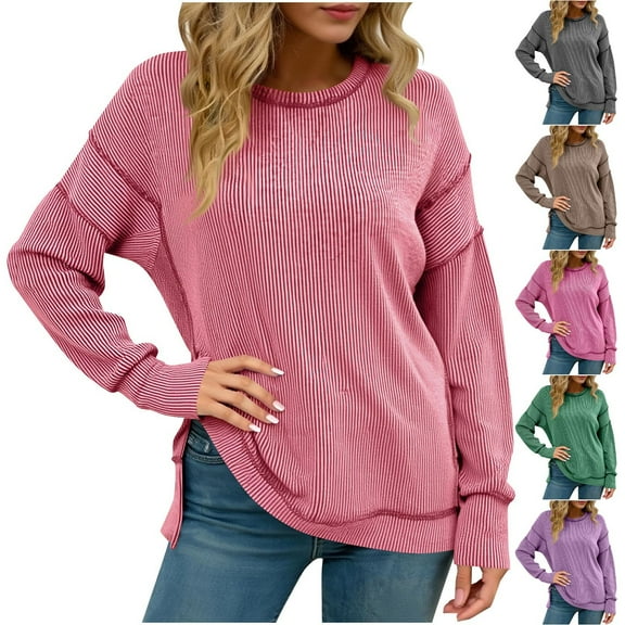 YHAJDS Casual Women's Long Sleeve Tops Womens Pocket Shirt Solid Color Round Neck Long Sleeve Fashion Base Layer T-shirt Top For Fall And Fall Winter