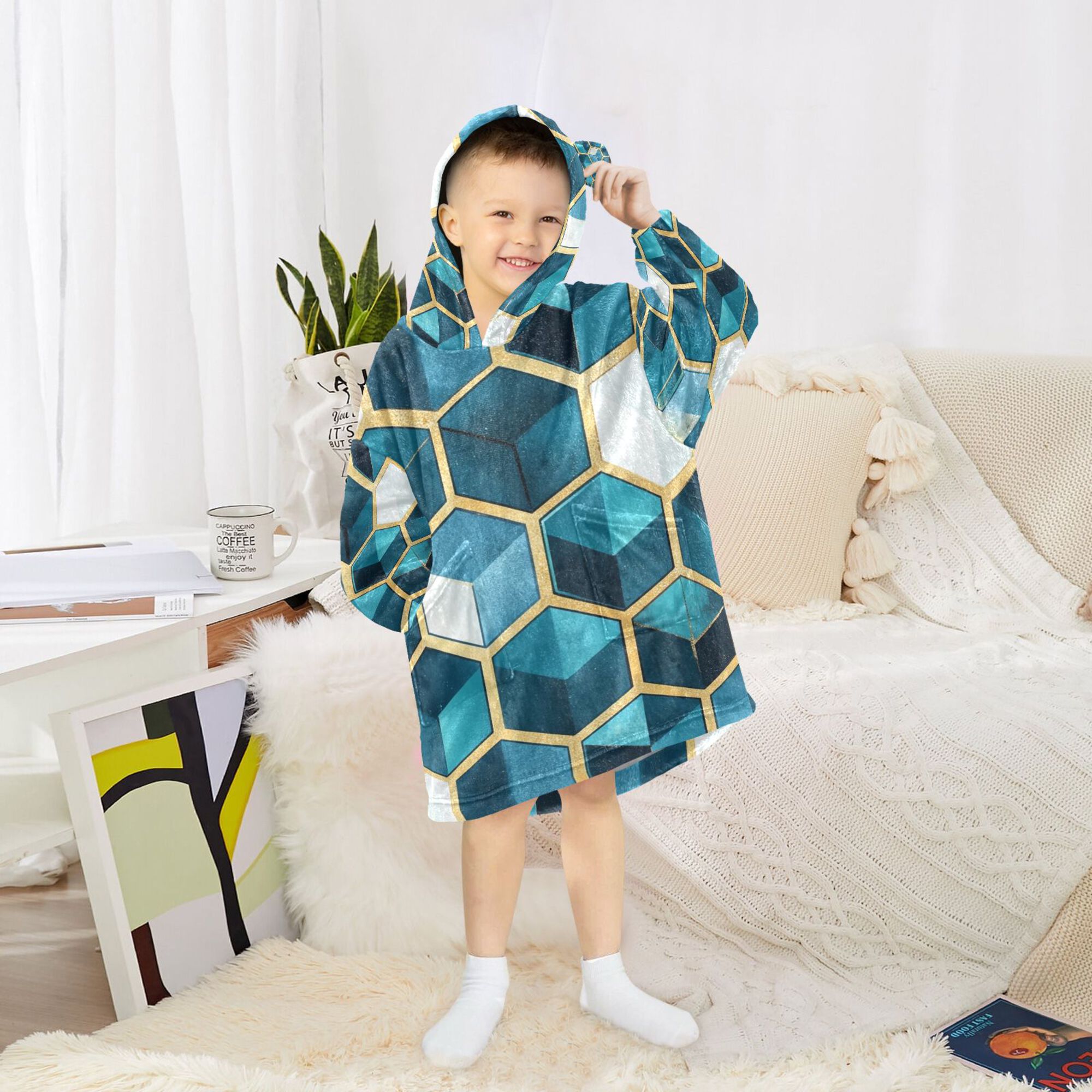 FORMRS Wearable Blanket Hoodie with Sleeves for Kids Cozy Flannel Sweatshirt, Light Blue Geometric Pattern