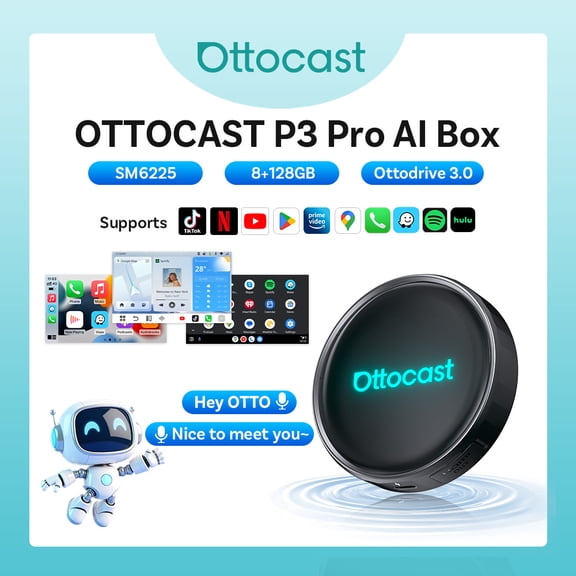 Ottocast P3 PRO CarPlay AI Box ,Wireless Carplay & Android Auto Adapter, Multimedia Player, AI Voice Assistant, HDMI Out, 8 128G, Support Spilt Screen