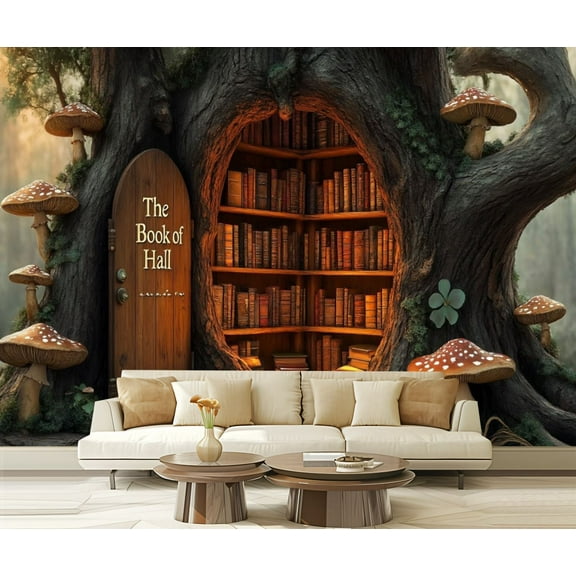 Peel and Stick Wallpaper 3D Modern Secret Door Bookcase Ancient Tree Bookshelves Mushrooms Modern Art Wall Mural Decor Self Adhesive and Removable 69in x 98in