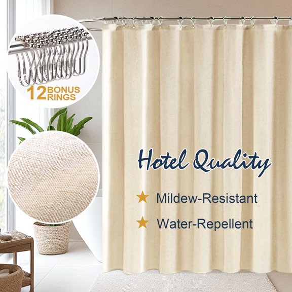 Vorfor Linen Waterproof Shower Curtain with Hooks, 210 GSM Heavy Duty Faux Linen Hotel Luxury Cloth Bathroom Curtain, Weighted Hem, 72 x 84 in, Beige