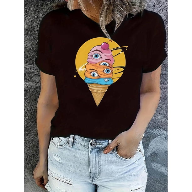 Camiseta con estampado de helado "Ojo Creativo" para mujer, informal, de cuello redondo y manga corta, 100 % algodón, elasticidad media, ideal para cualquier temporada, ropa informal | Camiseta con es