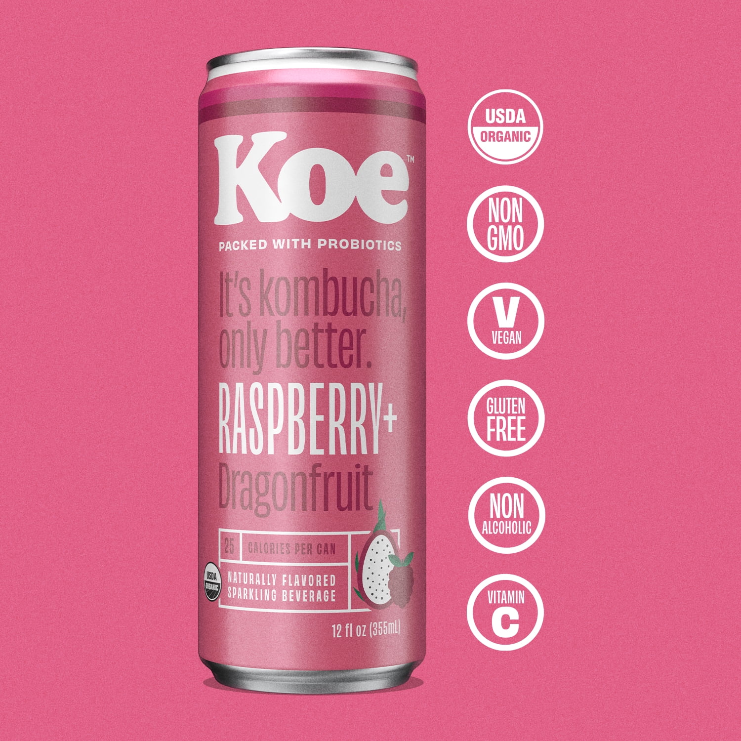 Koe Organic Kombucha Cans, Raspberry Dragonfruit | Sparkling Fruit