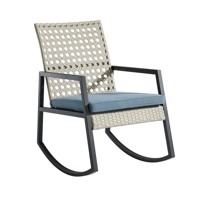 Walker Edison Modern Rattan Patio Rocker with Cushion in Light Gray and Blue