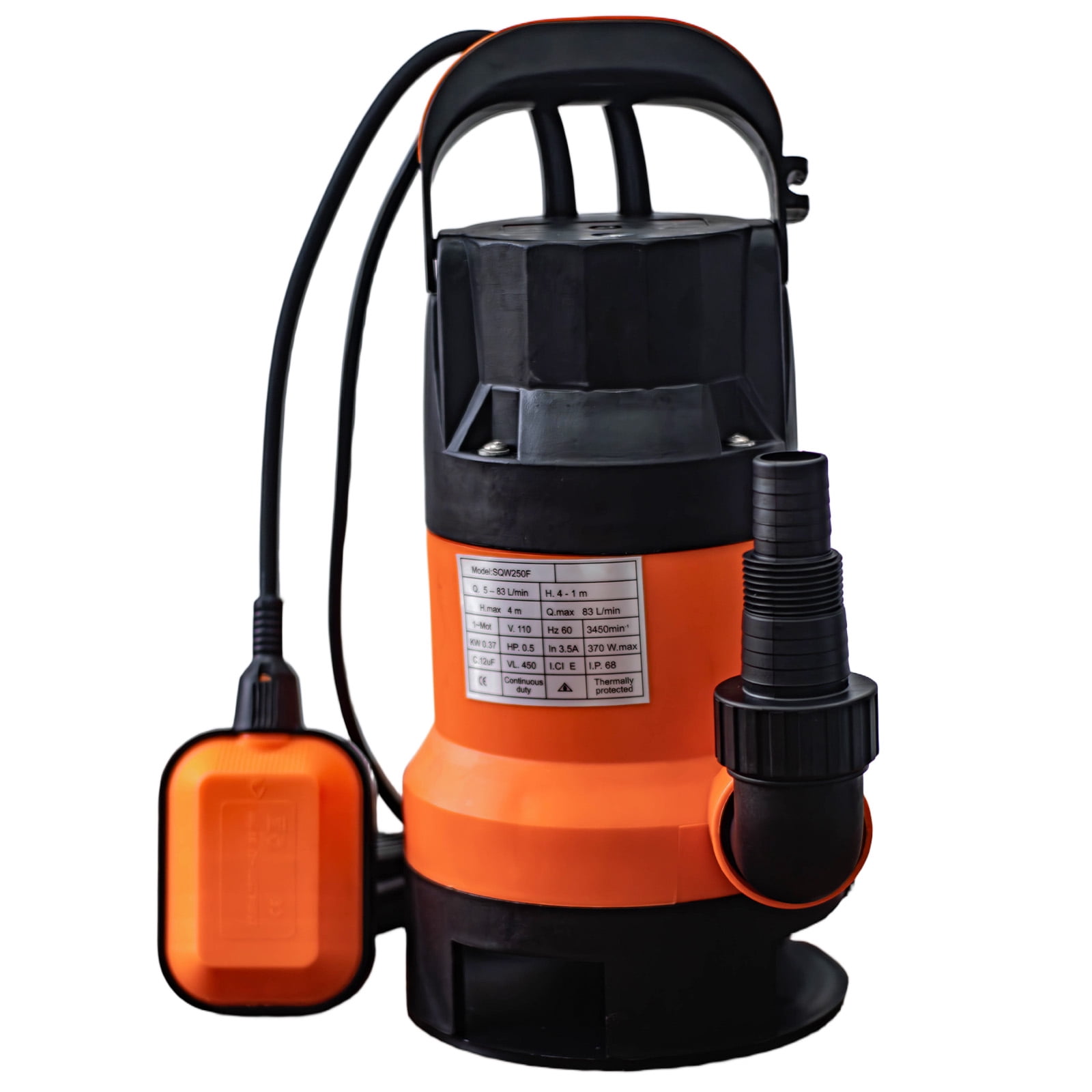 0.5HP Submersible Sump Pump with Auto Float Switch, 83m³/h Flow 7m Lift, Waterproof Dirty Water Pump for Basement Pool Pond Garden Drainage