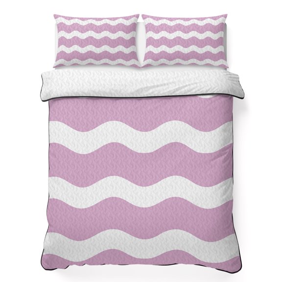 Pink Sea 3 Piece Quilt Bedding Set with 2 Pillow Shams, Wave Ripple Stripe Lightweight Bedspread Coverlet, Soft Breathable All Season Quilt, 68 x 98 Inch